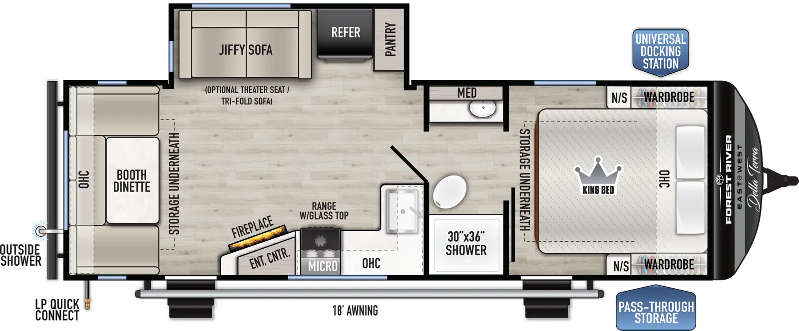 The Della Terra 251RD floorplan has two entries and one slide out. Exterior features include: metal exterior and 18' awning. Interiors features include: u-dinette, front bedroom and pass through bathroom.